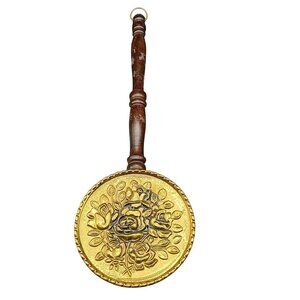 Vintage Brass Wall Pocket MCM with Long Turned Handle, Repousse Floral Roses